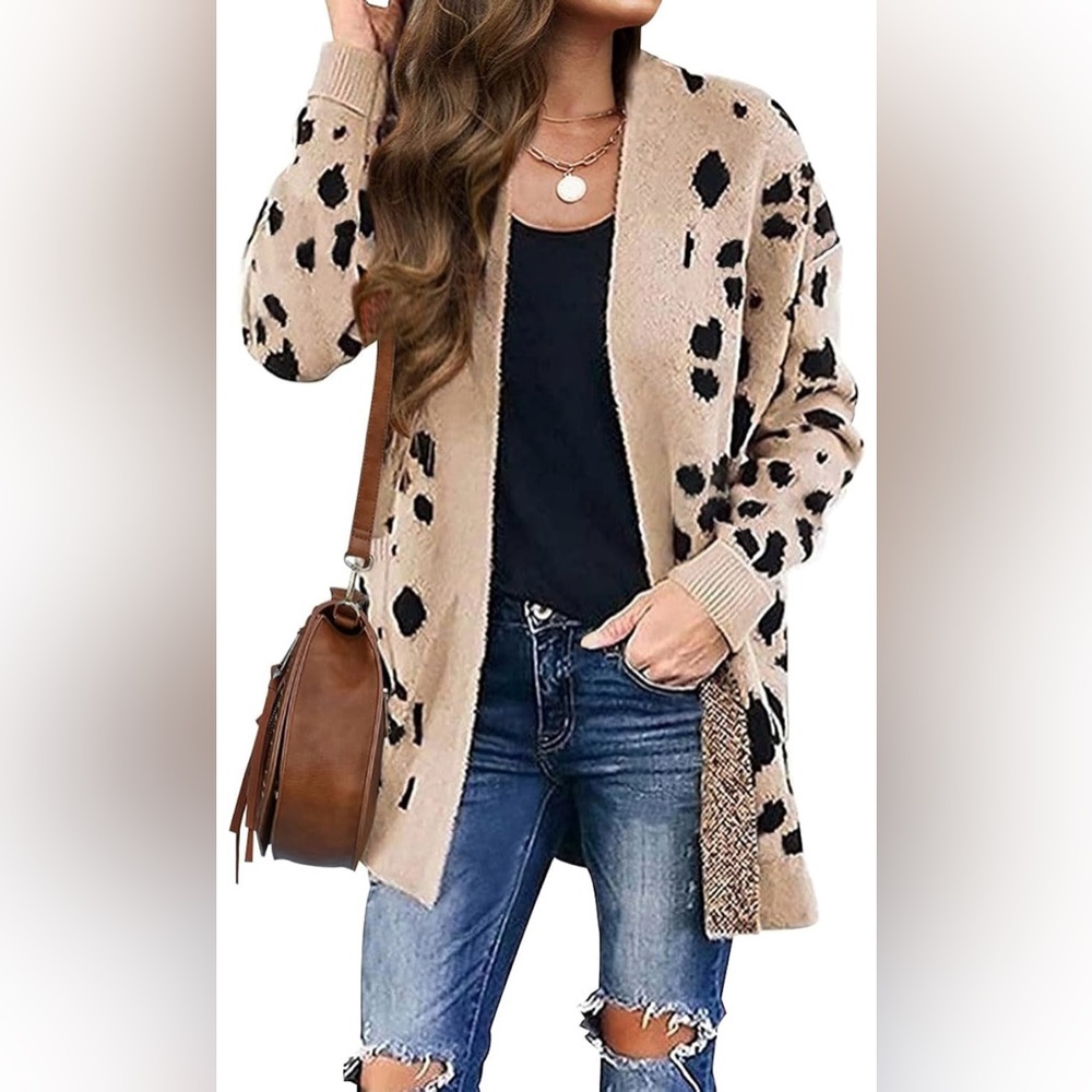ZESICA Women's Long Sleeves Open Front Leopard Print Knitted Cardigan XL